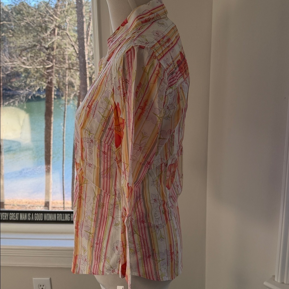 Talbots Pink and Orange Cotton Floral Ruffle Button-Down Shirt, Size Small, NWT - Picture 3 of 8